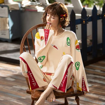 Dlhé rukávy dvojdielne pyžamo študentka, sleepwear kórejský čerstvé roztomilý odev bežné domáce služby ženy môžu nosiť odev