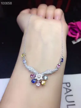 Prírodné multicolor sapphire Prívesok náhrdelník S925 striebro Prírodný drahokam náhrdelník Módne Kvet pobočky žena svadobné šperky