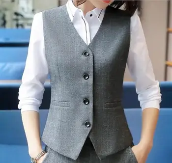 Móda business Slim Sivý kockovaný ženy vesta OL Slim V Krku Formálne office dámy vesta kabát plus veľkosť práce nosenie uniformy 2020