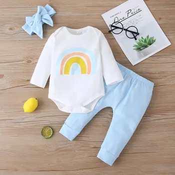 2020 Jeseň Dieťa Dieťa, Chlapec, Dievča Oblečenie Baby Dlhý Rukáv Rainbow Pruhované Tlač Dlhý Rukáv Romper Topy+Nohavice+Čelenka 3-18 M