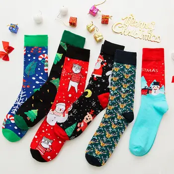 Mens Vianočné Bavlna Posádky Ponožky Kreslených Mačka Snehuliak Santa Dovolenku Pančuchový Tovar
