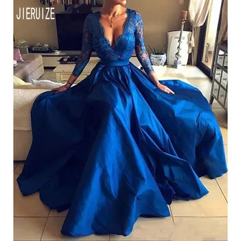 JIERUIZE Sexy Kráľovská Modrá Večerné Šaty Hlboko V Krku Dlhé Rukávy Čipky Strane Pozdĺžneho Formálnej Strany Prom Šaty vestidos de fiesta