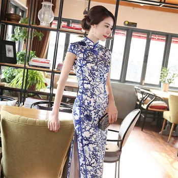 Elegantné Dámske Modré a Biele Porcelánové Čínskej Tradičnej Qipao Šaty Dlhé Formálne Večerné Šaty Krátke Rukávy Roupas Feminina