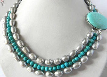 Svadobné Ženy Šperky 3 Riadky Náhrdelník gray Pearl modrá howlite perličiek zmiešané Náhrdelník modrý kameň spona Prírodné Sladkovodné Perly