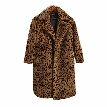 Leopard Tlač Teddy Kožušinový Kabát Ženy Outwear 2021 Zimné Hrubé Teplé Plus Veľkosť Voľné Vyhovovali Golier Dlho Faux Králik Kožušiny Bunda Žena