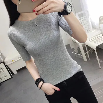 Nový produkt V pletený golier, krátke rukávy žena ice hodváb T-shirt slim slim, čistá farba spodnej tričko, krátky kabát tenké.