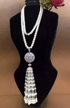 Ručne viazané 8-9 mm 6 mm biela prírodné sladkovodné perly micro vložkou zirkón strapec dlhý sveter reťazca náhrdelník módne šperky 32