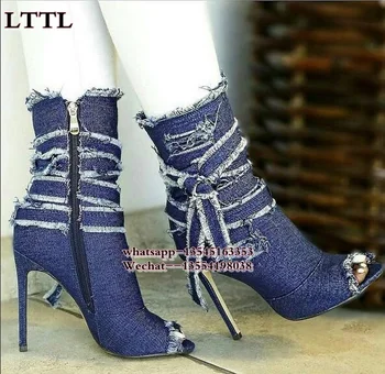 Najpredávanejšie modrá zničené denim polovici teľa, topánky šnurovacie motýlik zábal členok botičky sexy otvorené prst stiletto päty topánky móda