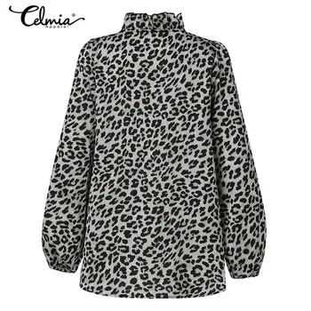 Ženy 2021 Módne Leopard Tlač Blúzky Celmia Jeseň Dlhý Rukáv Elegantné Volániky Košele Sexy tvaru Office Bavlna Blusas 5XL