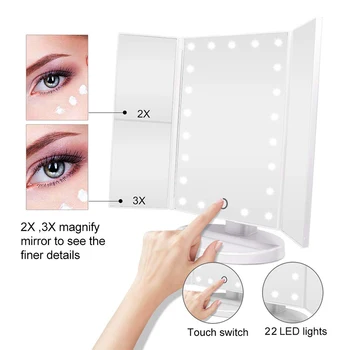 DONWEI 22 LED Dotykový Displej make-up Zrkadlo, 1X 2X 3X 10X Zväčšovacie Zrkadlá 4 v 1 Tri-Zložené Ploche make-up Zrkadlo Svetlá