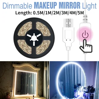 Vodotesný 5M LED Lampa Flexibilné Zrkadlo Svetlo Spálňa 5V USB Touch Ovládanie Stmievania Kozmetické Svetlá Led Toaletný Stolík make-up Lampa