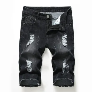 Mens Roztrhlo Rovné Denim Šortky Black Slim Fit Jeans pre Mužov 2020 Nové Tvárny Krátke Džínsy Streetwear Mužov Bežné Šortky v Lete
