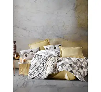 Tureckých Bavlna Prekladané Žlté posteľná bielizeň Nastaviť, Perinu + Plochý List + Vankúše, Vyrobený v Turecku