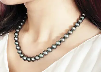 Ohromujúci 9-10 mm tahitian kolo zelená čierna perlový náhrdelník 18-palcové 925s KKK