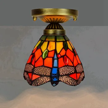 Európsky Štýl 6-Palcový 15 cm Tiffany Farebné Sklo Chodby, Chodby, Balkón Malé Stropné Svietidlo Červenej Dragonfly Osvetlenie