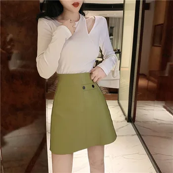 PU Kožené Mini Sukne Ženy Vysoký Pás A-Line kórejský Ceruzku Sukne Bodycorn Dizajnér Office Lady Jeseň Zima Tlačidlá 2020 X769