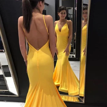 Dlhé Žlté Večerné Šaty tvaru Špagety Popruhy Backless 2019 Formálnej Strany Šaty morskej panny Štýl Večerné Šaty Župan De Soiree