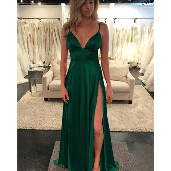 Jednoduchý Zelený Prom Šaty, Sexy Backless Boho Večerné Šaty V Krku Vysoké Rozparky Satin Dlho Formálne Šaty Party Oblečenie, Lacné 2019 Šaty