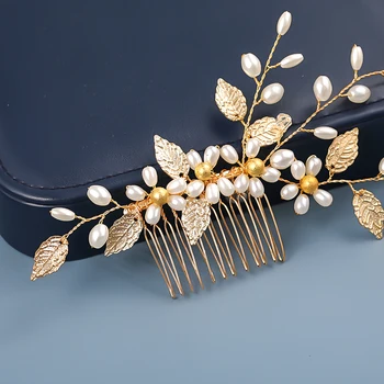 Ručné Zlato Vintage Ženy, Vlasy, Šperky Dlho Pearl Flower Listy Tiara Vlasy, Hrebene Klipy Svadobné Svadobné Vlasové Ozdoby Súťaží