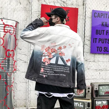 Jeseň Príliv Značky Gradient Farebné kvetinové Denim Jacket Kabát Mužov Voľné BF Graffiti vytlačiť Hip Hop džínsové Bundy