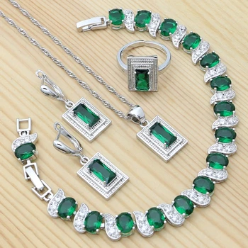 925 Silver Svadobné Šperky Set pre Ženy, Svadobné Zelenými Zirkónmi Prívesok Reťazca Náramok Náušnice Prsteň