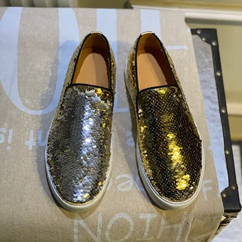 Pánske Zlaté Sequined Luxusné Topánky Trend Lesklé Discolor Hrubé Dno Slip-On Bežné Mokasíny Mužov Platformu Originálne Kožené Topánky