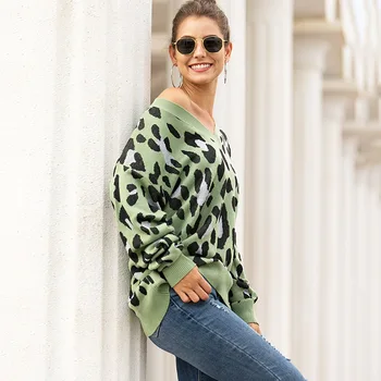Móda trikolóra leopard žakárové V-krku sveter ženy na jeseň a v zime roku 2020 dámske pletené svetre