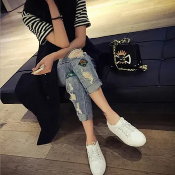2019 Žena Džínsy Plus veľkosť Vysoký pás streetwear voľné deväť nohavice kórejská verzia otvor tuku mm100 kg nohy mama džínsy ženy