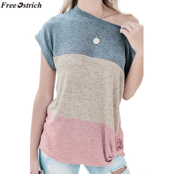 ZADARMO PŠTROSIE ženy prúžok bez ramienok krátke rukávy Tričko Farby zodpovedajúce O-krku topy ležérne módne tričko voľné plus veľkosť T-shirt