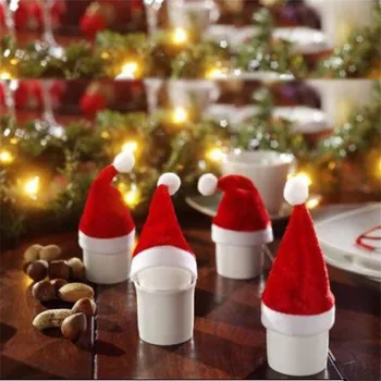 10pcs/set Červený Klobúk Santa Cup Mini Santa Fľaše Kryt Vianočný Darček VIANOCE Domáce Dekorácie Fľaša Vína Kryt 8 * 6,5 cm EJ879415