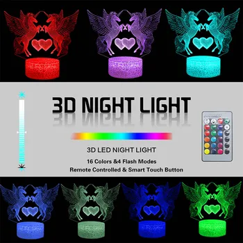 Unicorn 3D LED Nočné Svetlo 3D Akrylové Jednorožec Stolové Svietidlo Svietidlo Cartoon 16 Farieb Luminaria Láva Lampe Dekor Baby Detský Vianočný Darček