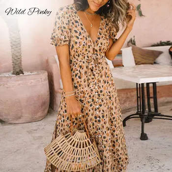 WildPinky Lete Leopard Šaty 2020 Ženy Dlho Zábal Plážové Šaty, Sexy tvaru Krátky Rukáv Tlačidlá Party Šaty Sundress Vestidos
