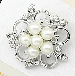 Striebro Faux Pearl Flower Brošňa Diamante Crystal Svadobné Svadobné Party Broach Pre Ženy, Svadobné Pin Brošne