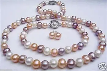 7-8 mm biele, ružové a fialové sladkovodné perlový náhrdelník + náramok +earrin 7.5 palcový