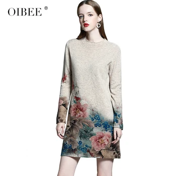 OIBEE2019 jeseň a v zime sa ženy je nové módy tlače dlhým rukávom voľné veľké veľkosti sveter klesnutie pletené šaty