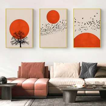 Abstrakt Orange Červený západ Slnka s Stromu Vtákov Vintage Poster Plátno na Maľovanie na Stenu Umenia, Tlače Obrázku Obývacia Izba Interiér Domova