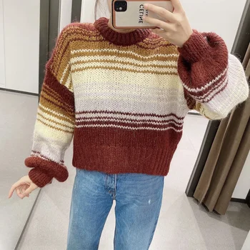 Za 2020 Striped Cropped Knitted Sweater Women O-neck Long Puff Sleeve pullovers for women Casual Loose Streetwear Ladies Sweater