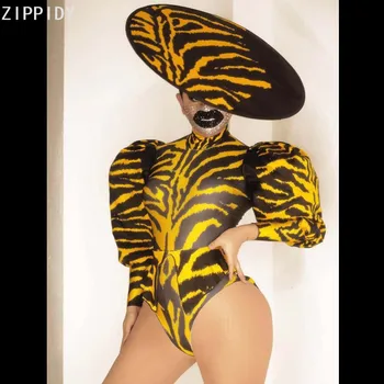 Zebra Vzor Žlté Smoking Kombinézu Klobúk Ženy, Spevák, Tanečník Zobraziť Nosenie Prom Party Nočný Klub Fáze Cosplay Oblečenie