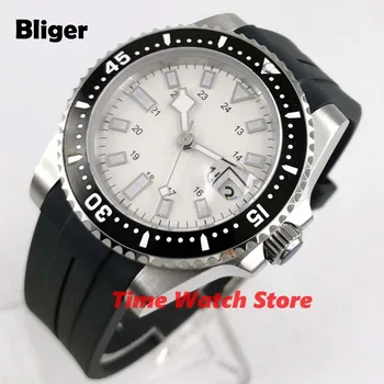 Bliger 40 mm Automatické hodinky mužov nepremokavé gumy popruh č logo biele strile dial svetelný dátum čierna keramická fazeta