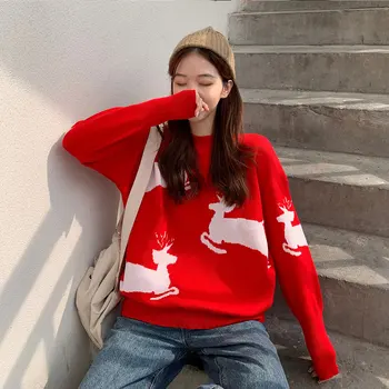 Ugly sweater vianočný ženy kersttrui dámske svetre kórejský 2019 červená zimné ženy svetre pletený sveter nadrozmerné teplé dievča