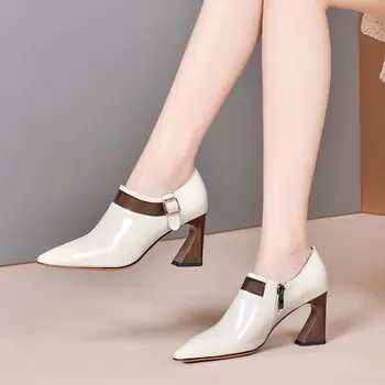 ALLBITEFO módy sexy ženy podpätky prírodné pravej kože vysokej päty topánky elegantné jar jeseň silné päty vysoké podpätky