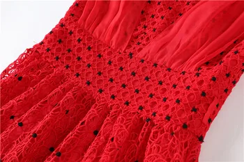Vysoko Kvalitné Ženy Červené Šaty 2019 Sexy V Krku Tunika Dlho Čipky Šaty Bez Rukávov Polka Dot Nádrž Party Šaty Župan De Soiree Longue