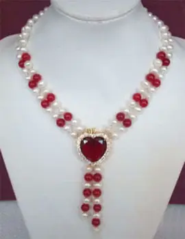 Doprava> >>>>očarujúce ! 2Rows White Pearl & Red Ruby Srdce Šperkov Náhrdelník