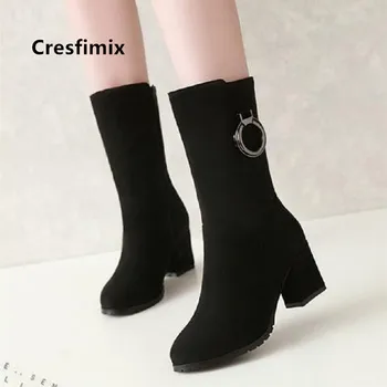 Cresfimix ženy módne sladké čierny semišový vysokým podpätkom dlhé topánky lady bežné pohodlné topánky žena ulici jesenné topánky a6052