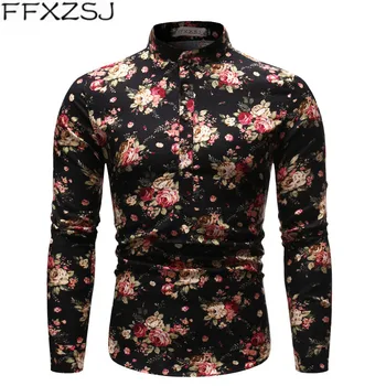 FFXZSJ Značky mužov jar/jeseň vytlačené dlhým rukávom bežné bielizeň tričko s stand-up golier kvetinový tričko Európskej veľkosť