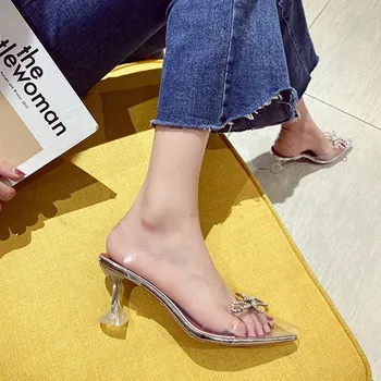 Ženy Sandále Ukázal Prst Letné Topánky Transparentné Vysoké Podpätky PU Crystal Bodce Sexy Čerpadlá Pošmyknúť Na Dámy Típat Prst Móda