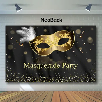 NeoBack Maškaráda Strany Pozadie Zlatá Maska Biele Pierko Fotografie Pozadí Narodeninovej Párty Fotografiu Pozadia