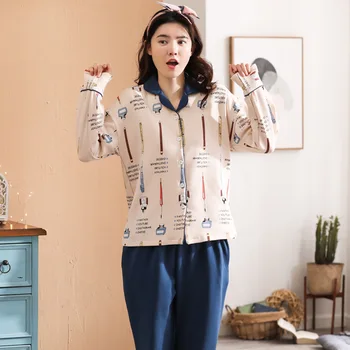Ženy jarné dámske pyžamo nové bavlna, dlhý rukáv, nohavice, sveter 2019 jeseň kórejský bavlna klopy ženy pajama sady pyžamá