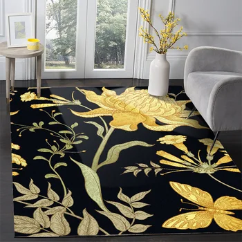 Retro čierne pozadie žlté veľké kvety obývacej izby, spálne, dvere mat podlahy v kuchyni mat doma koberec gauč koberec veľký koberec izba