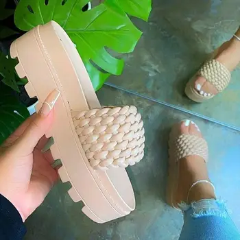 2021 jar/leto nové dámske vysoké podpätky PU sponge cake jediným gumy super hrubé-soled papuče tkaný vzor žena sandále